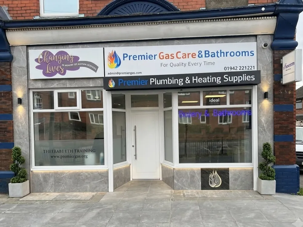 Premier Gas Care shopfront at 434 Ormskirk Road, Wigan, for boilers, bathrooms and air conditioning